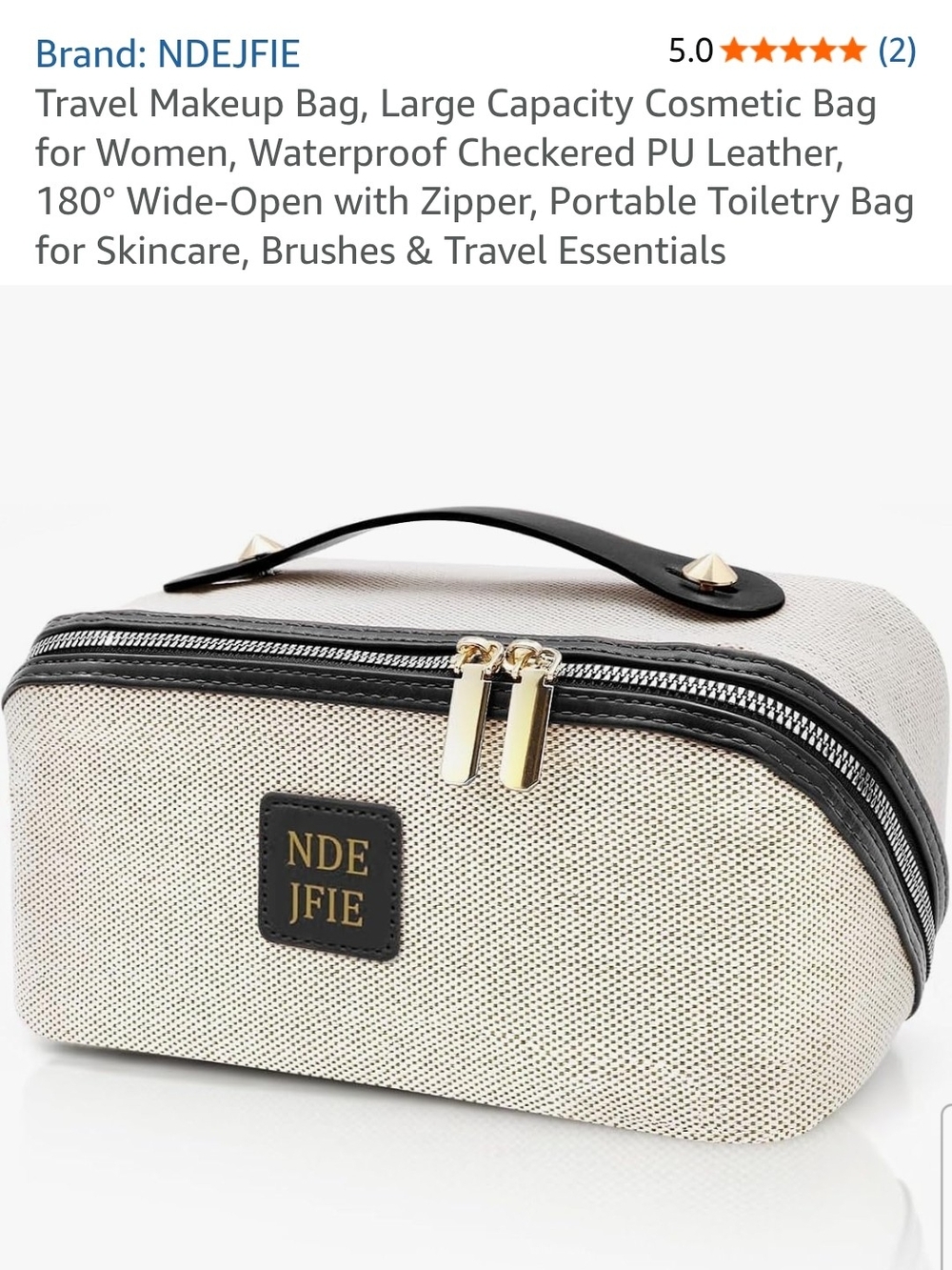 NDEJFIE Large Zip Travel Makeup Organizer in Beige & Brown